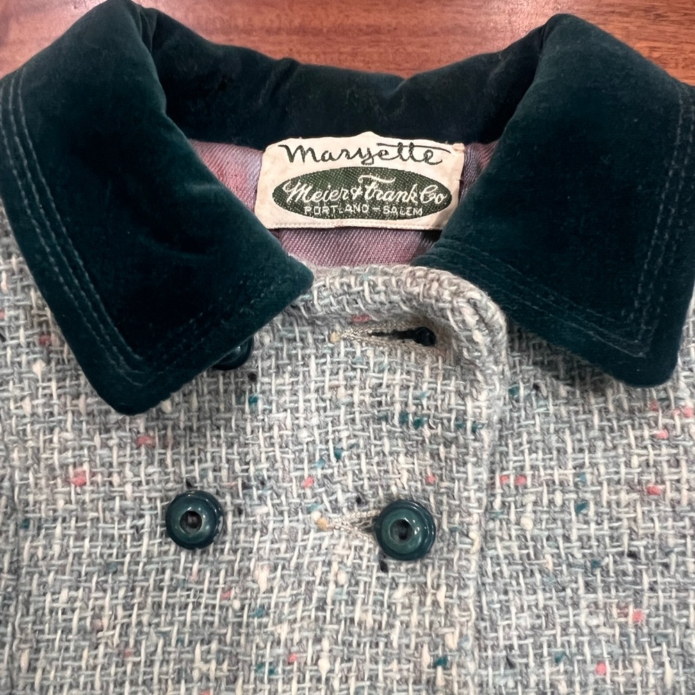 Bambury Original Vintage 50s 60s Wool Tweed Swing Coat Green Velvet Toddler Kids - Picture 2 of 15